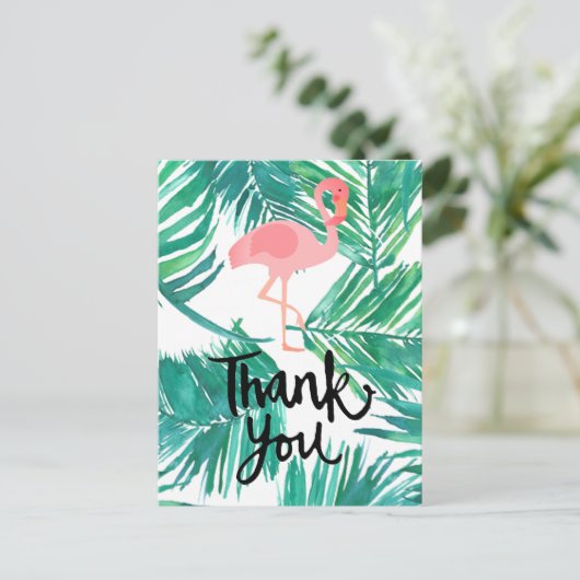 Dank u script flamingo tropische palmen briefkaart (Staand voorkant)