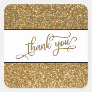 Dank U Script, Gouden Glitter met Witte Band Vierkante Sticker