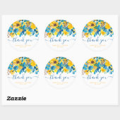 Dank u script rustieke gele zonnebloemen blauw ronde sticker (Vel)