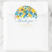 Dank u script rustieke gele zonnebloemen blauw ronde sticker (Tas)