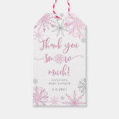 Dank u sneeuw veel roze zilveren sneeuwvlokken cadeaulabel (Voorkant)