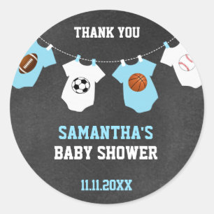 Dank u Sport Thema Baby shower Chalkboard Boy Ronde Sticker