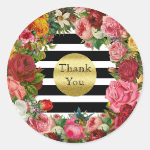 Dank u Stripes Rozen Bloemen Gouden Glitter Trend Ronde Sticker