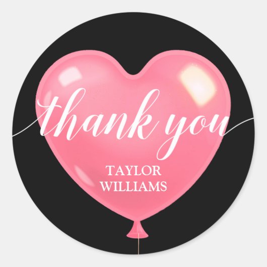 Dank u tekst roze hart ballon ronde sticker (Voorkant)