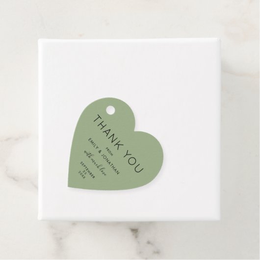 Dank u tekst Sage Green Custom Wedding Heart Bedankjes Labels (In situ)