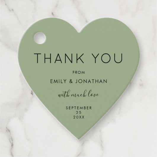 Dank u tekst Sage Green Custom Wedding Heart Bedankjes Labels (Voorkant)