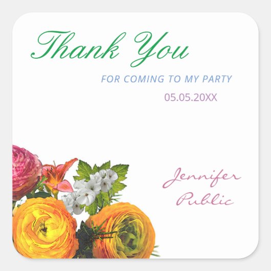 Dank U Template Waterverf Bloemen Rozen Script Vierkante Sticker (Voorkant)