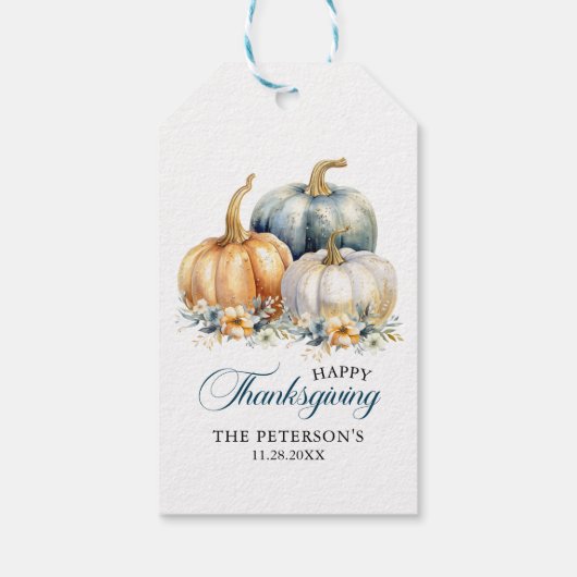 Dank u Thanksgiving Blauw Sinaasappel Gouden Pompo Cadeaulabel (Achterkant)