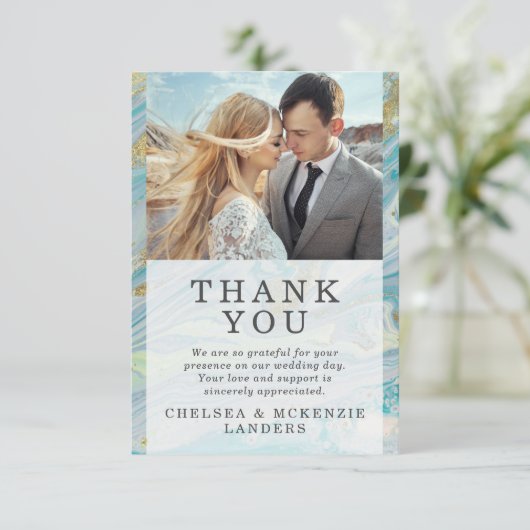 Dank u Turquoise Gouden Marmeren Geode Bruiloft Ka Bedankkaart (Staand voorkant)