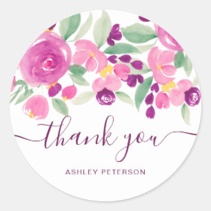 Dank u typografie paarse chique bloemen waterverf ronde sticker