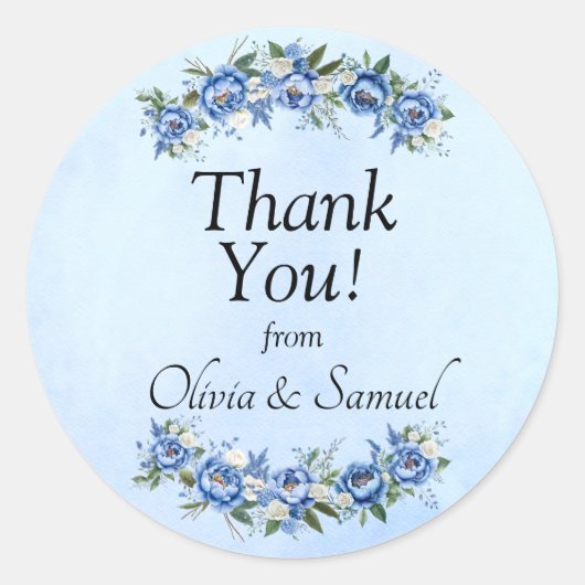 Dank u van bruid & bruidegom namen Blue Peony Ronde Sticker (Voorkant)