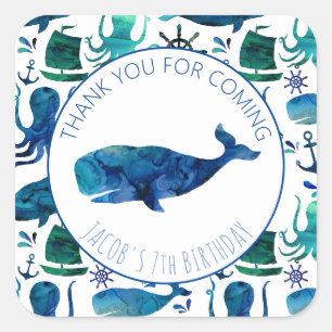 Dank u Verjaardagsfeestje Marine Whale Nautical Vierkante Sticker