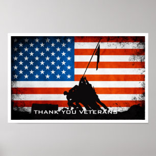 Dank u veteranen - Vlag en Soldaat Silhouette Poster