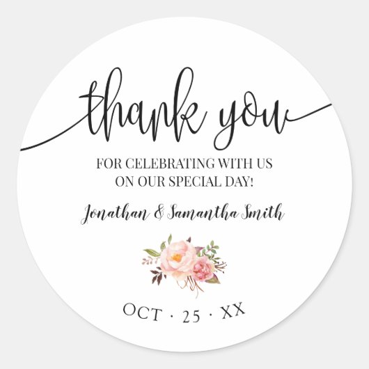 Dank u voor de roze floral boho chic bruiloft ronde sticker (Voorkant)