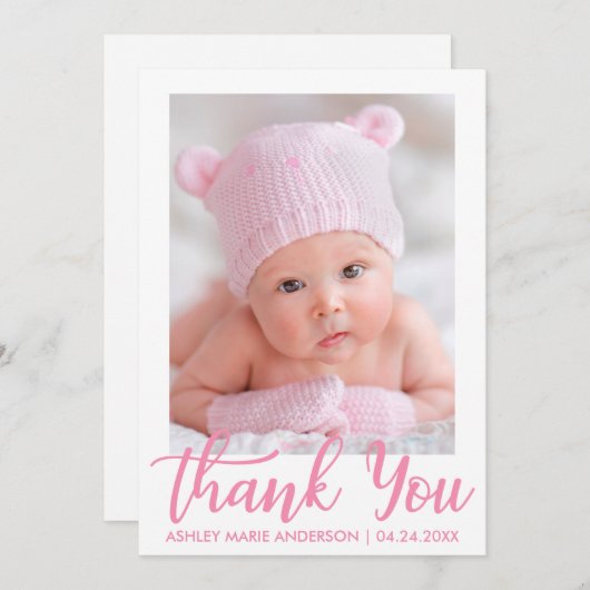 Dank u voor het nieuwe babyroze script bedankkaart (Voorkant / Achterkant)