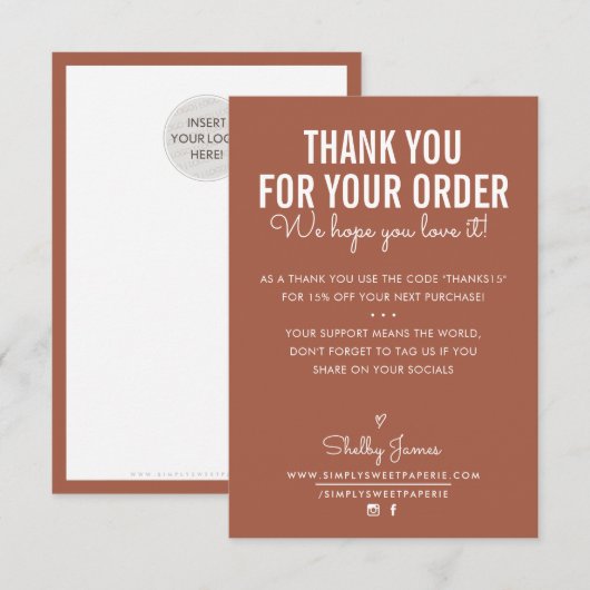 DANK U VOOR UW ORDE tussenvoegsel witte inktklei Bedankkaart (Voorkant / Achterkant)