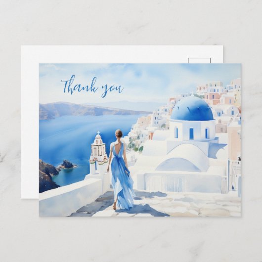 Dank u Waterverf, Blauwe kleur, Santorini, Briefkaart (Voorkant / Achterkant)