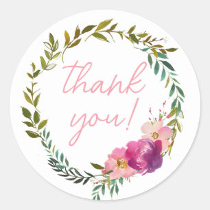 Dank u Waterverf Laurel en Flower Wreath Ronde Sticker