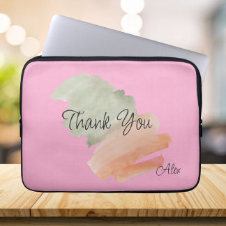 Dank U Waterverf Perzik en Groen Aangepaste Naam Laptop Sleeve