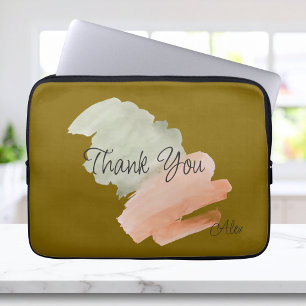Dank U Waterverf Perzik en Groen Aangepaste Naam Laptop Sleeve