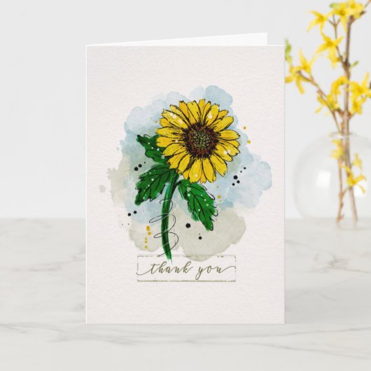 Dank u Waterverf SketchyDoodle Sunflower Kaart (Gele Bloem)