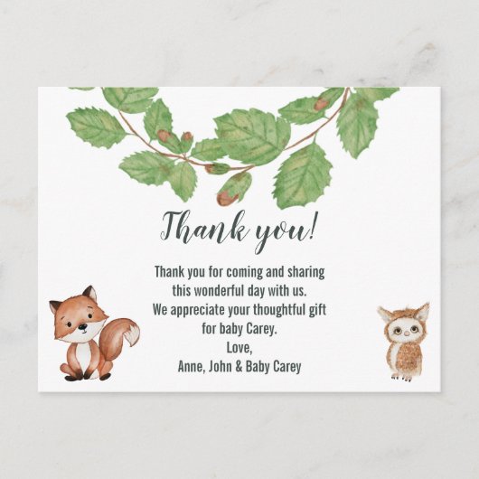 Dank u Waterverf Woodland Animals Briefkaart (Voorkant)