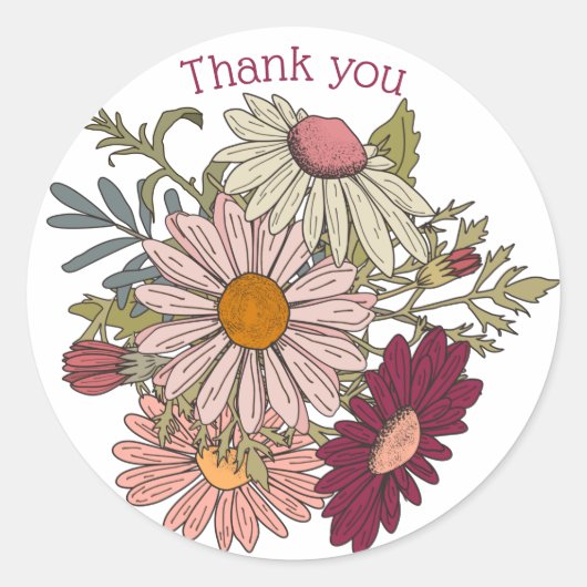 Dank u wel Boho retro daisies burgundy roze Ronde Sticker (Voorkant)