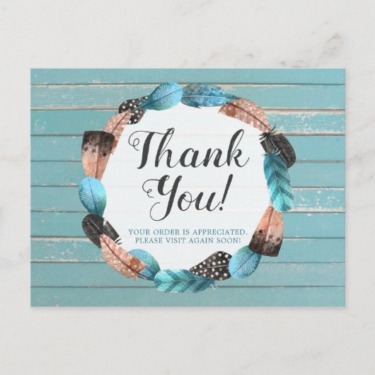 Dank u wel Rustic Turquoise Wood Feather Arrow Boh Briefkaart (Voorkant)