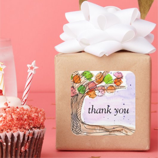 Dank u - Whimsical Waterverf Leafy Tree Vierkante Sticker (Feest)