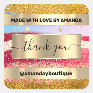Dank u winkelen Custom Glitter Gouden Favor Vierkante Sticker