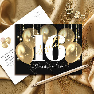 Dank u zwart goud lief 16 verjaardag ballonnen briefkaart