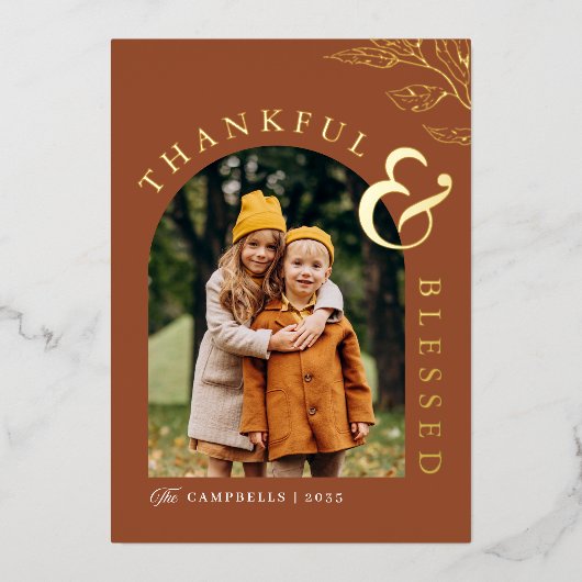 Dankbaar en gezegend Thanksgiving Rustic Leaf Gold Folie Feestdagenkaart (Voorkant)