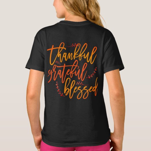 Dankbaar Gelukkig Gezegend Script Thanksgiving T-shirt (Achterkant)