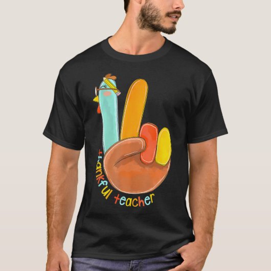 Dankbaar Leraar Grappig Thanksgiving Vrede Hand Si T-shirt (Voorkant)
