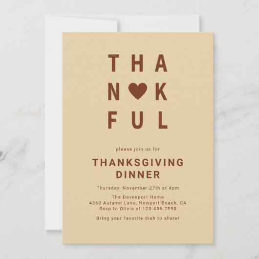 Dankbaar modern minimalistisch Thanksgiving diner Kaart (Voorkant)