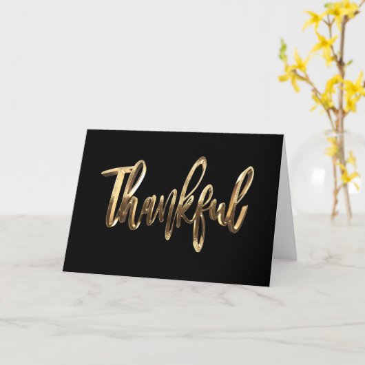 Dankbaar Modern Zwart en Goud Script Thanksgiving Kaart (Gele Bloem)