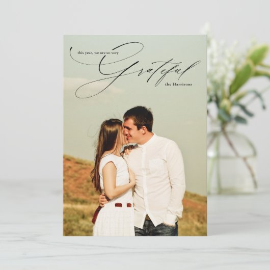 Dankbaar Schrift Calligrafie Volledige Foto Feestdagenkaart (Staand voorkant)