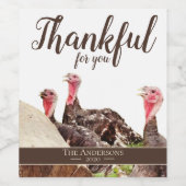'Dankbaar voor jou' Thanksgiving Wijnlabel Wijn Etiket (Enkel label)