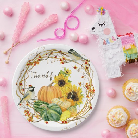 Dankbaar Zonnebloem Waterverf Bloemen Herfst Pompo Papieren Bordje (Feest)