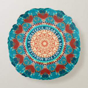 Dankbaarheid Aqua Blauwgroen Mandala  Quote Rond Kussen