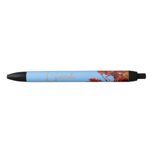 "Dankbaarheid" Rode esdoorn laat blauwe achtergron Zwarte Inkt Pen