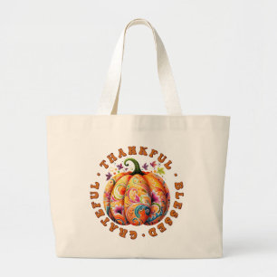 Dankbare, gezegende, dankbare bloemenpompoen grote tote bag