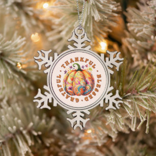 Dankbare, gezegende, dankbare bloemenpompoen tin sneeuwvlok ornament