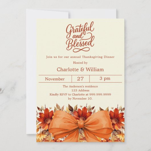 Dankbare gezegende strik bloemige oranje Thanksgiv Kaart (Voorkant)
