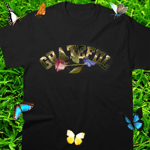 Dankbare Gouden Typografie Roos & Vlinder Tri-Blend Shirt