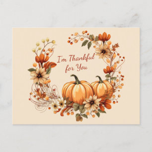 Dankbare pompoen en herfstbloemen krans briefkaart