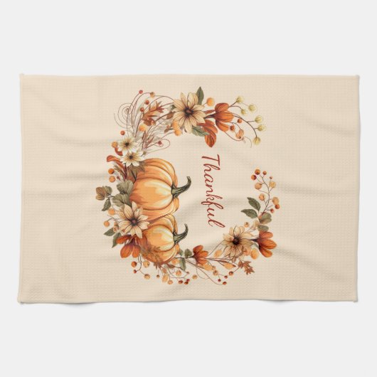 Dankbare pompoen en herfstbloemen krans theedoek (Horizontaal)