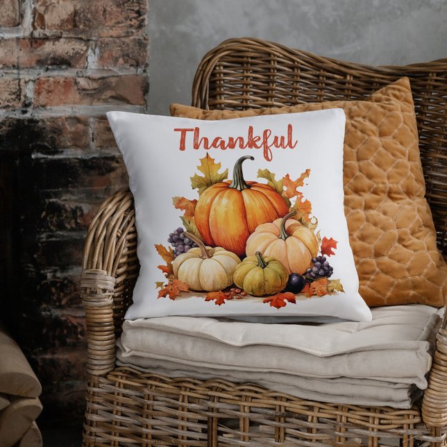 Dankbare Pompoen Herfst Herfst Thanksgiving Kussen (Thankful Pumpkin Fall Autumn Thanksgiving Throw Pillow)