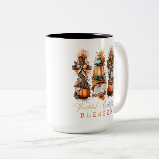 Dankful Grateful Blessed Tweekleurige Koffiemok (Voorkant rechts)