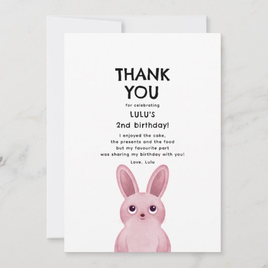 Dankjewel kaart met roze konijn (Voorkant)